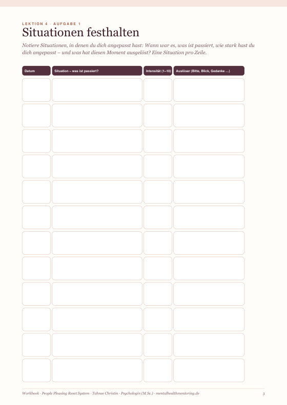 Seite aus Workbook: People Pleasing Reset